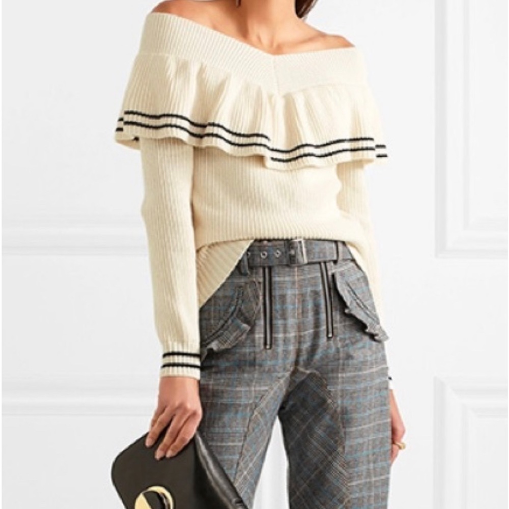 Self Portrait white/cream sweater with ruffle trim, blue detail